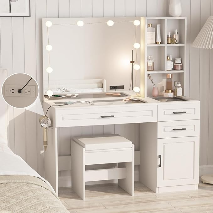 Fameill Vanity Desk with Mirror and Lights,Large Makeup Vanity with Glass top and Lots Storage,3 Drawer Vanity Set with Charging Station,3 Lighting Modes,White