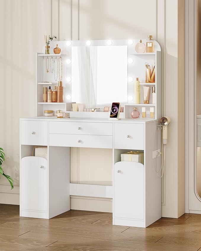 Vanity Desk with HD Mirror and Led Light, Makeup Vanity with Power Strip, Dressing Table with 4 Drawers, 42.5'' Large Tabletop, 2 Open Storage Cabinets, with Jewelry Storage, White