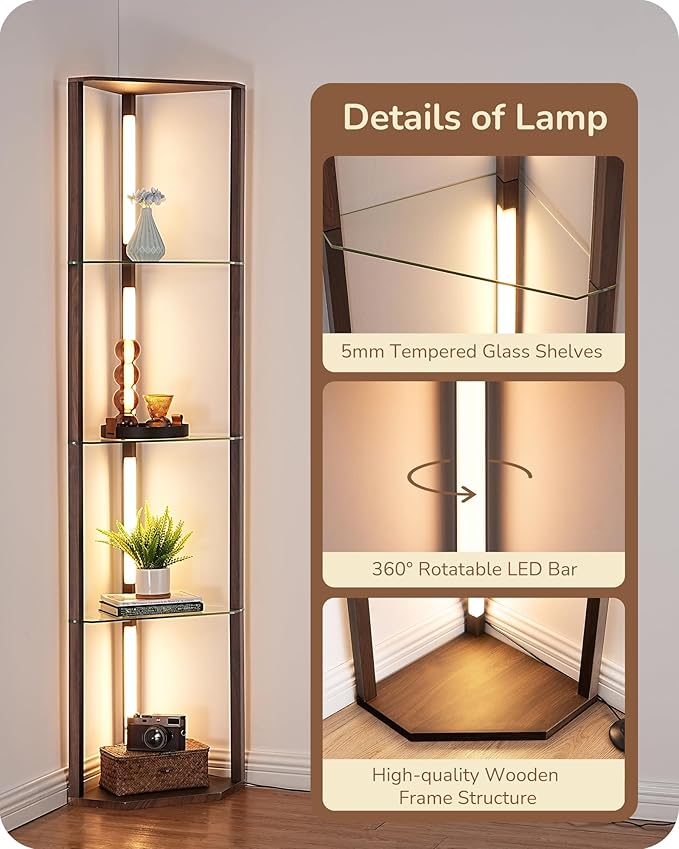 EDISHINE Floor Lamp with Shelves, 5-Tier Glass Display Shelf with Remote/Foot Control, 5CCT & Dimmable Corner Shelf Lamp, Open Display Cabinet, Floor Lamps for Living Room, Bedroom, Walnut Color