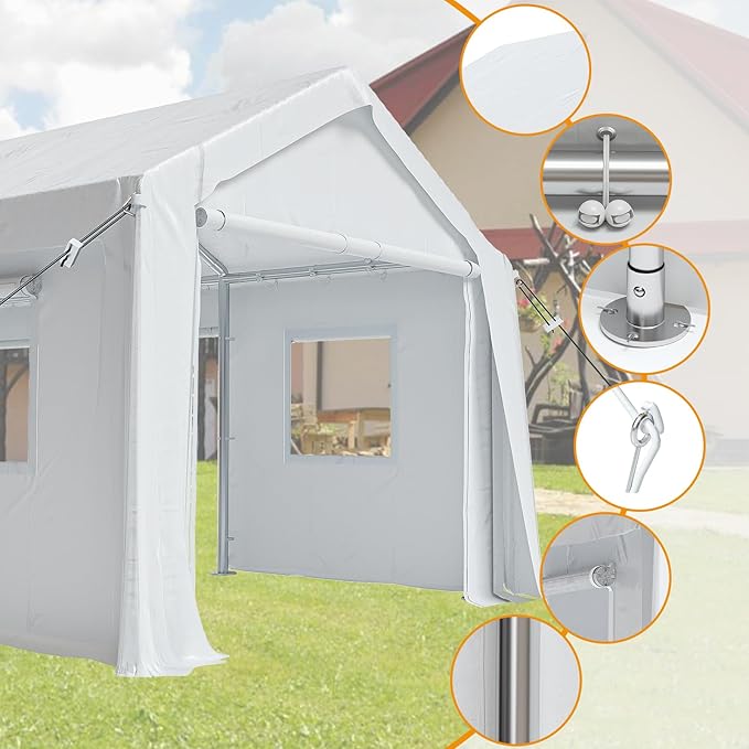 12x20ft Heavy Duty Carport Outdoor Canopy Portable Garage with 4 Doors & 4 Windows Waterproof UV Resistant Storage Shelter with Removable Sidewalls for Car Truck Boat, White