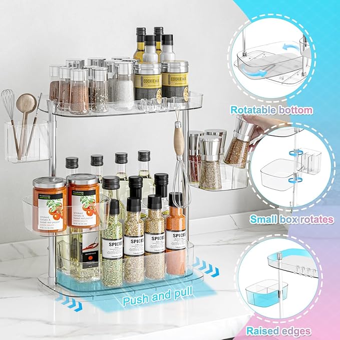 360 Rotating Makeup Organizer 2 Tier with 3 Adjustable Makeup Carousel Spinning Holder Rack - Large Cosmetic Display Case for Bathroom Countertop, Lipstick, Brushes, Skincare