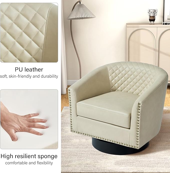 Swivel Barrel Accent Chair, Comfy Modern Upholstered Round Faux Leather Arm Chair for Living Room, Bedroom（Beige, Set of 2