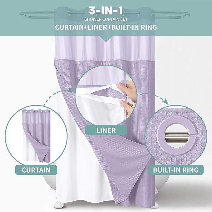 Lavender No Hook Waffle Weave Shower Curtain with snap-in Liner Replacement, 230GSM Waterproof Fabric Hotel Shower Curtain Set for Bathroom, Through Mesh Top Window,54Wx80H