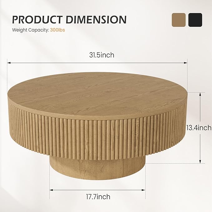 31.5” Round Fluted Coffee Table, Modern Wood Circle Coffee Table, Veneer Handcrafted Relief Tea Table with Sturdy Pedestal for Living Room - Natural