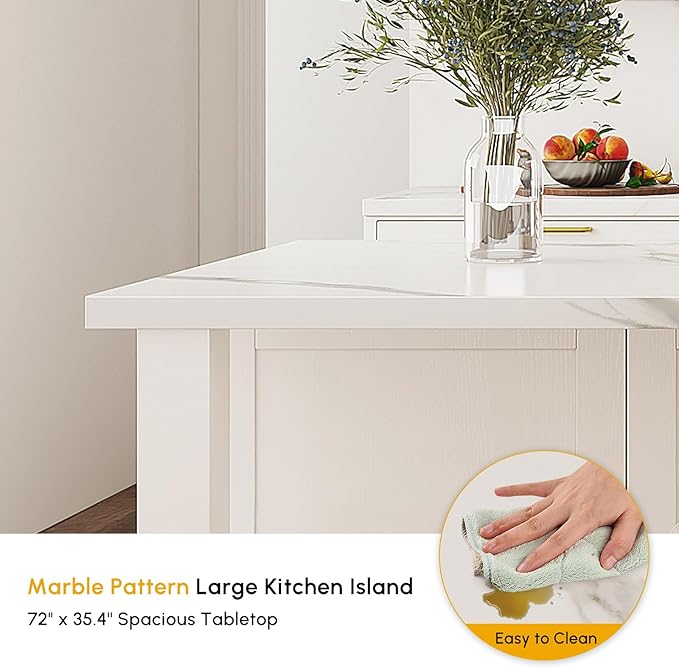 homary 72'' Kitchen Island with Seating Island Table with Wine Storage & 2 Drawers Marble Dining Table for 4 People