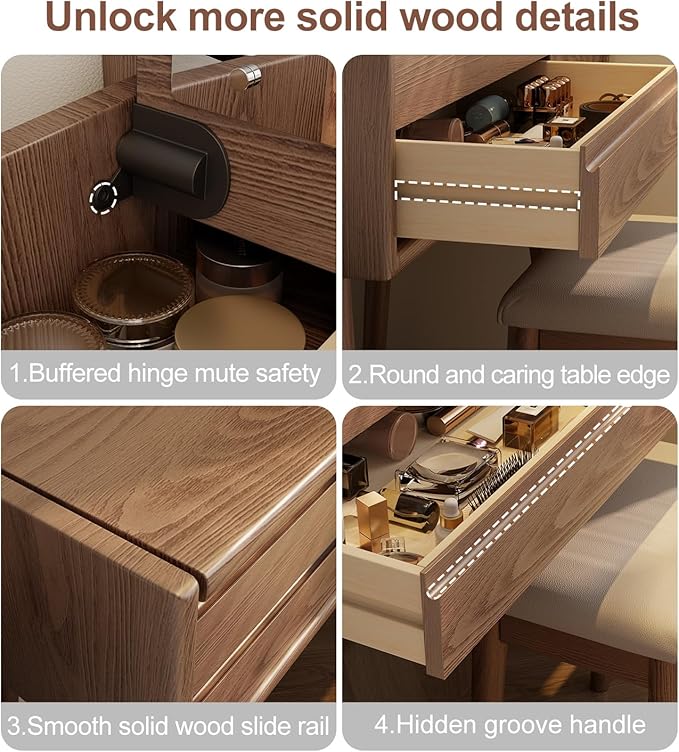 Wood Vanity Desk with Mirror and Lights, Dressing Vanity Table Vanity Set 4 Drawers, 32 Inch Large Make Up Vanity Table Wooden with 3 Lighting Modes (32 inch Wide Original Wood)