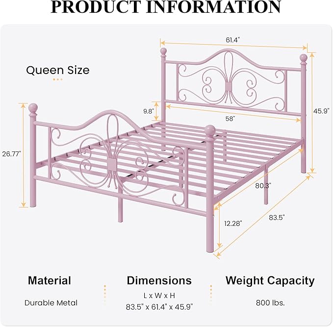SHA CERLIN Queen Size Bed Frame for Kids,Metal Bed Frame with Butterfly Pattern Design Headboard and Footboard,No Box Spring Needed,Easy Assembly,Pink