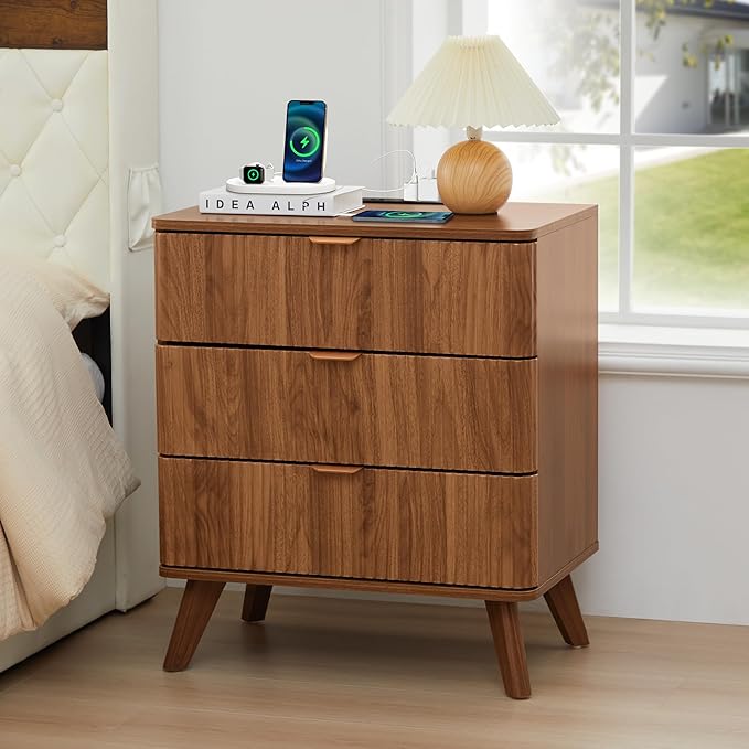 Fluted 3 Drawer Small Dresser for Bedroom, Mid Century Modern Nightstand with Charging Table Top, Low Bedside Table for Closet Cloth, End Table Short Storage, Living Room, Dorm -Walnut