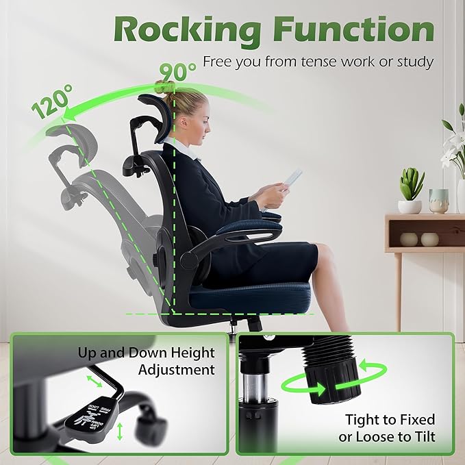 Office Chair Ergonomic Desk Chairs with Adjustable Lumbar Support& Headrest Hanger, High Back Breathable Mesh Chair with Wheels, Rolling Swivel Comfy Task Computer Chair for Home Work Gaming