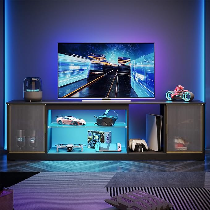 Bestier Modern TV Stand for 75/80 inch TV, LED Entertainment Center with Acrylic Doors & Adjustable Glass Shelf, 70” Media TV Console for PS5, Television Stands for Living Room, Black Carbon Fiber