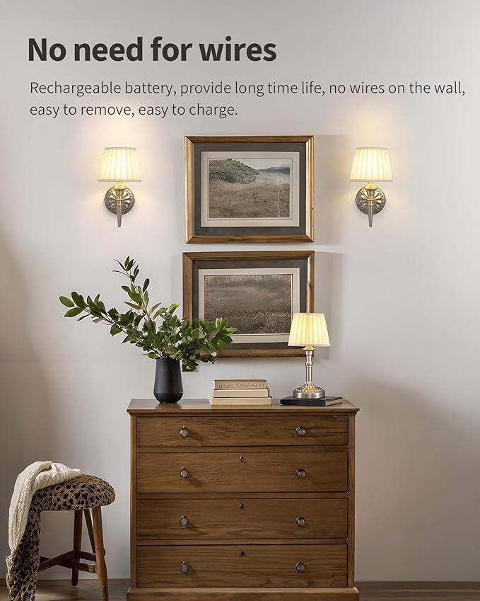 KDG Cordless Wall Sconces Set of 2, Small Wireless 5200mAh Rechargeable Battery Fabric LED Wall Lamps, Portables Lightings for Wall Painting, Living Room, Bedroom, Hallway, Gifts, Night Light (Nickel)