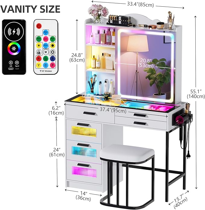 LED Vanity Desk with Sliding Mirror, Smart Makeup Table with 6 Drawers 6 Shelves Glass top, Dressing Table with Charging Station 24 Color Lighting Modes, Cushioned Stool, USB for Bedroom White