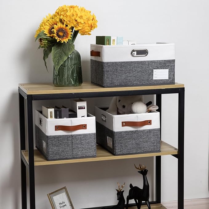 PRANDOM Foldable Storage Bins with Handles [3-Pack] Fabric Collapsible Storage Boxes Baskets Cubes Containers with Handles for Closet Living Room Bedroom (Grey & White 14.9x9.8x8.3'')