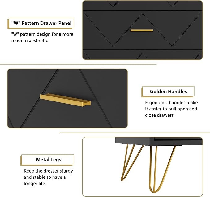 Black Dresser for Bedroom, 6 Drawer Dresser with Golden Handles, Wood Modern Double Chest for Hallway, Entryway