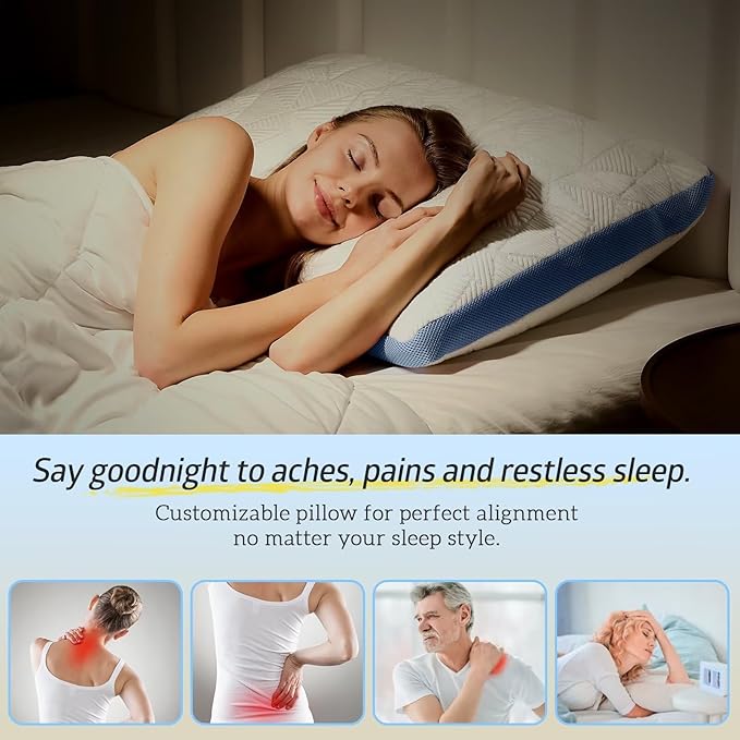 BETU Cooling Pillow Queen Size, Shredded Memory Foam Cool Pillow for Hot Sleepers, Adjustable Firm Soft Support Bed Pillows Perfect for Back Neck Pain and Side Sleeping with Pillow Case Cover, Blue