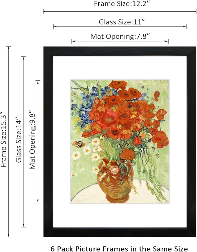 11x14 Picture Frame Set of 6 with Real Glass for Pictures 8x10 with Mat or 11x14 Without Mat, Wall Gallery or Tabletop display Photo Frames in Black