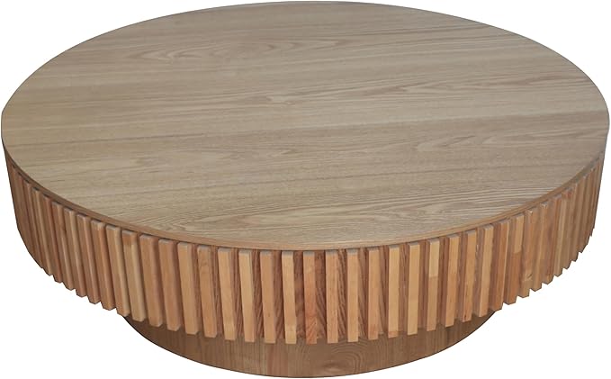 Round Coffee Table for Living Room, Accent Fluted Drum Coffee Table with Storage, Modern Solid Wood Veneered Circle Center Tea Table for Small Space Apartment (39.4''D×14''H-Natural)