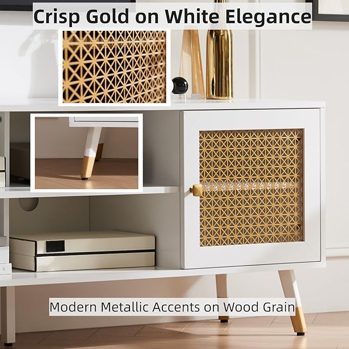 Mid Century Modern TV Stand for Living Room, TV Consoles for TVs Up to 75" - White Entertainment Center, 2 Gold Metal Mesh Doors & MDF Wood Grain, 15.8" D x 66" W x 23.5" H