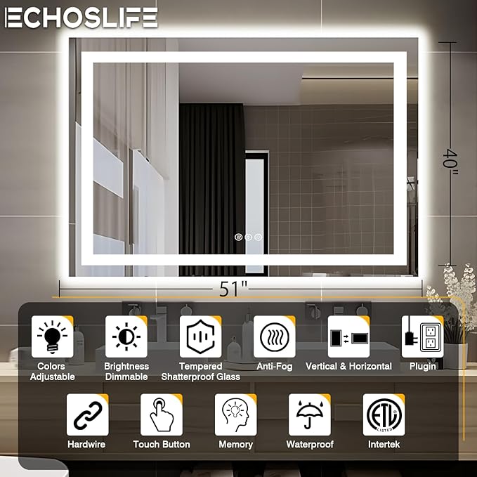51"x40" Bathroom Light up Mirror, Double Bright Lights Mirror, Anti-Fog Vanity Mirror with Lights, Stepless Dimmable Illuminated, Touch Control, Waterproof (Horizontal/Vertical)