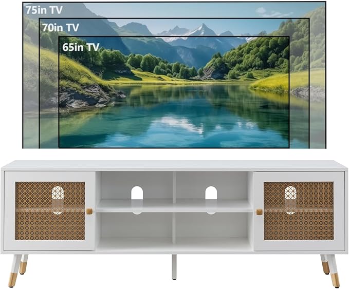 Mid Century Modern TV Stand for Living Room, TV Consoles for TVs Up to 75" - White Entertainment Center, 2 Gold Metal Mesh Doors & MDF Wood Grain, 15.8" D x 66" W x 23.5" H