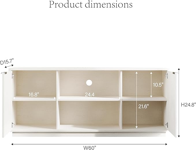 60'' Fluted TV Stand, Console Table, Mid Century Modern Curved TV Stands with Water Wave Shaped Door, Entertainment Center with Metal Handle, Living Room (Antique White Wood Grain)