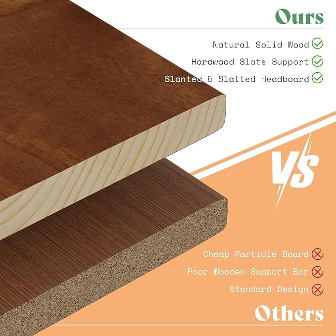 AMERLIFE Solid Wood Bed Frame Full Size, Mid Century Platform Beds with Reclining Slatted Headboard, Wood Slat Support/No Box Spring Needed/Noise Free, Light Brown