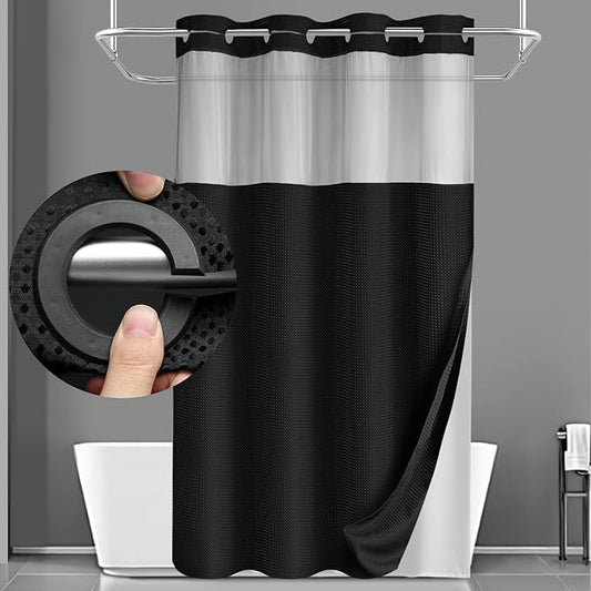 YellyHommy Stall No Hook Shower Curtain with Snap in Liner Set Less Time Black Waffle Shower Curtain for Bathroom 75" L x 60" W