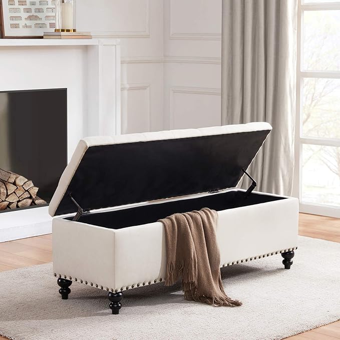 HUIMO Button-Tufted Ottoman with Storage in Upholstered Fabrics, Large Storage Bench for Bedroom, Living Room, Entryway, Ottoman Bench with Safety Hinge Hold Up to 300lbs (Ivory-Rivets)