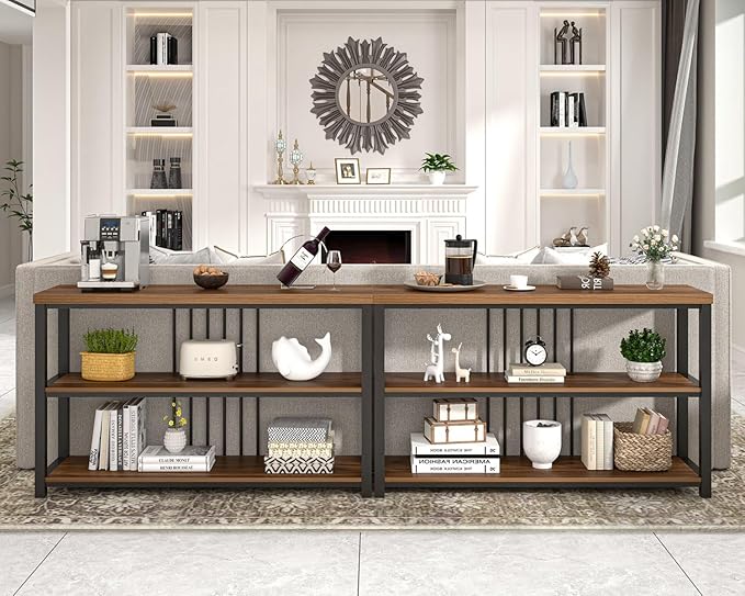 FOLUBAN Console Table for Entryway, Narrow Sofa Table with 3 Tier Storage Shelf for Living Room Hallway Behind Couch, Rustic Walnut