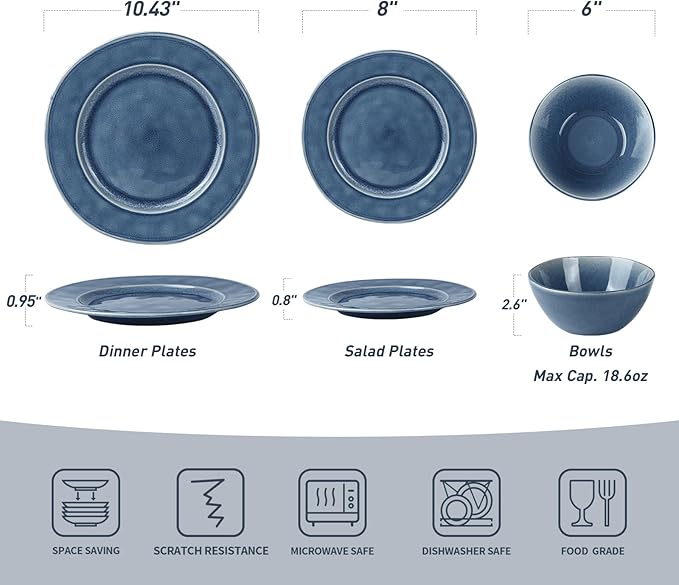 Famiware Plates and Bowls Sets, 12 Piece Dinnerware Sets for 4, Aurora Irregular Handmade Stoneware Dishes Set, Reactive Glaze, Microwave & Dishwasher Safe, Scratch-resistant, Lagoon Blue