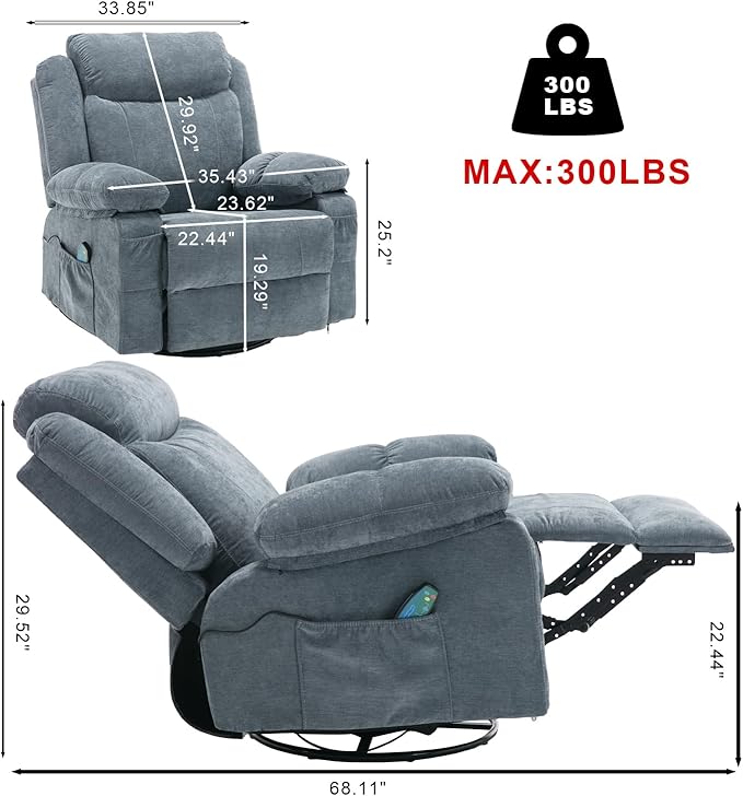 Overstuffed Rocker Recliner Chair, Fabric Massage Recliner Chairs with Heat for Adults, Oversized Reclining Swivel Sofa Manual Home Theater Rocking Recliner Lounge Chairs(Blue)