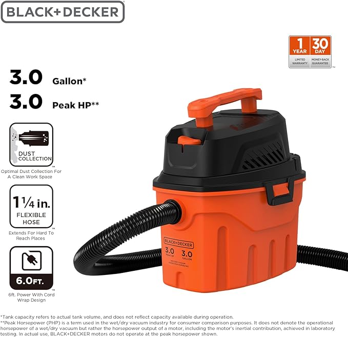 BLACK+DECKER Shop Vacuum Wet and Dry, 3 Gallon 3.0 Peak HP, 3-in-1 Portable Corded Shop Vac with Accessories, Vacuum Cleaner for Home, Pet and Car(BDXV18910P-3)