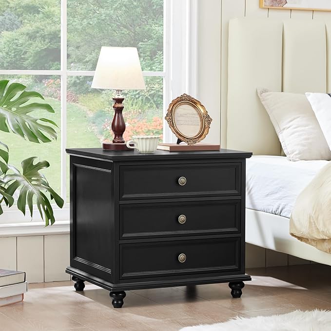 24" Wide Farmhouse Night Stand,Large End Table with 3 Drawers & Metal Handle,Black Dresser for Bedroom, Bed Side Table Chest of Drawers Cabinet,Wood Nightstand for Living Room,Closet