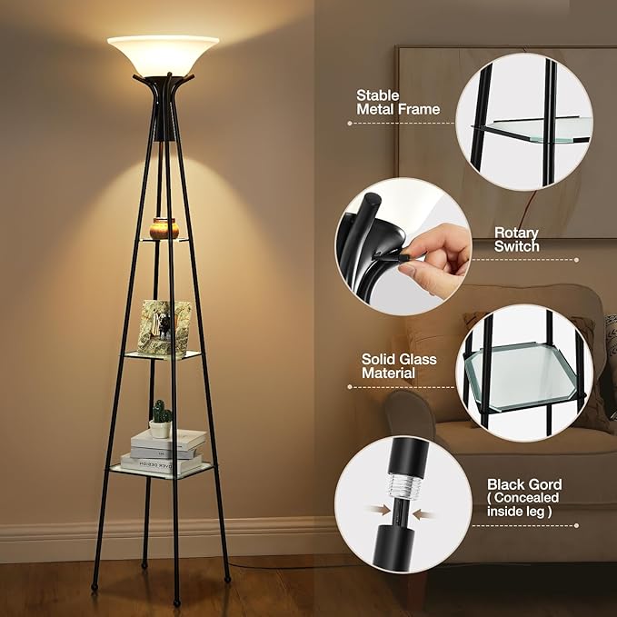 Floor Lamp with Shelves, 69” Tall Torchiere Floor Lamps for Living Room, 3-Tier Glass Shelf Lamp, Black Standing Lamp with Plastic Shade, Lamps for Bedroom, Office, 3 Color Temperatures Bulb Include