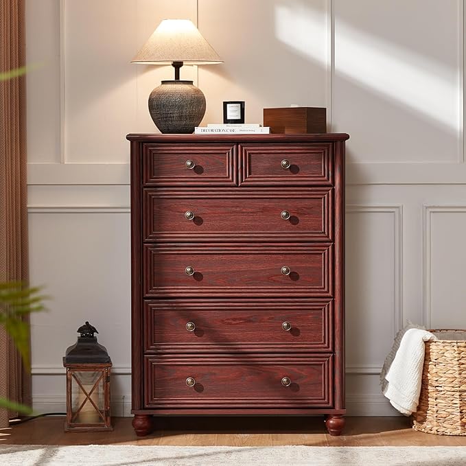 Farmhouse 6 Drawer Dresser, 15.75"D x 31.5"W x 43.5"H Chest of Drawers for Bedroom, Tall Dresser with 4 Solid Wood Feet, Rustic Wood Storage Dressers Organizer for Living Room, Hallway, Closet