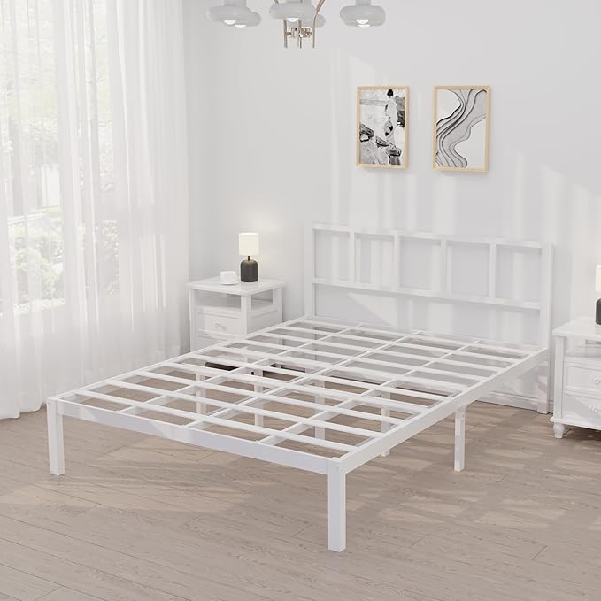 14 Inch Bamboo Bed Frame – Solid Wood Platform Bed Frame, Strong and Stable, with Non-Slip Slats for Support, No Box Spring Needed, Easy to Assemble, Noise-Free (White with Headboard, Queen)