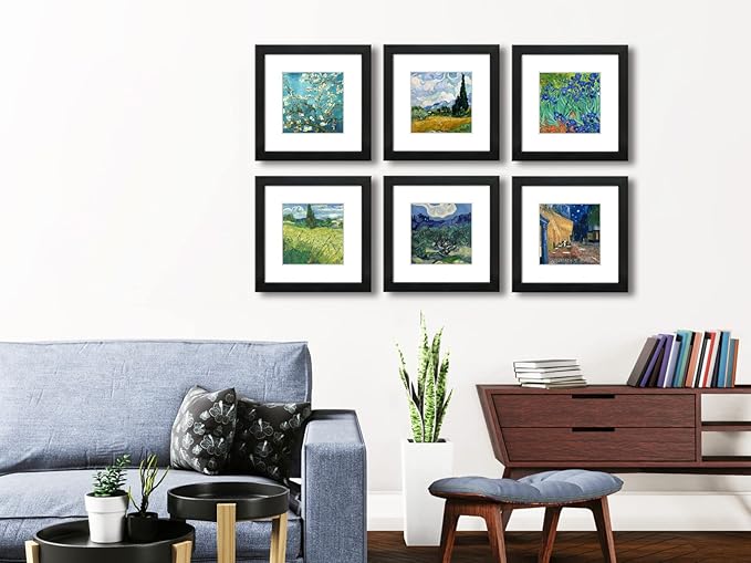 8x8 Picture Frame Set of 6 with Real Glass for Pictures 5x5 with Mat or 8x8 Without Mat, Wall Gallery or Tabletop display Photo Frames in Black