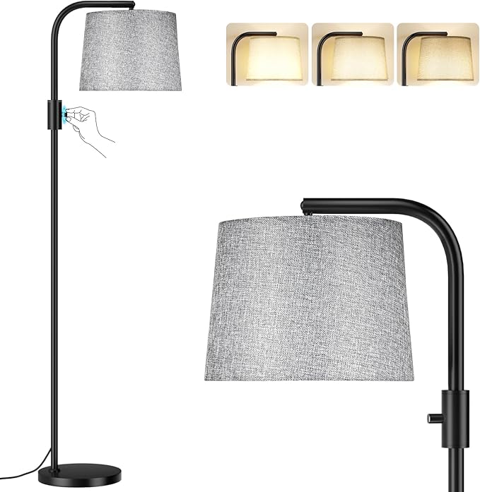 Ambimall Fully Dimmable Floor Lamp - Floor Lamps 9W LED Light Bulbs, Standing Lamps for Living Room with Adjust Head, Modern Standing Light Rotary Switch, Tall Lamp for Bedroom (Black and Linen Grey)