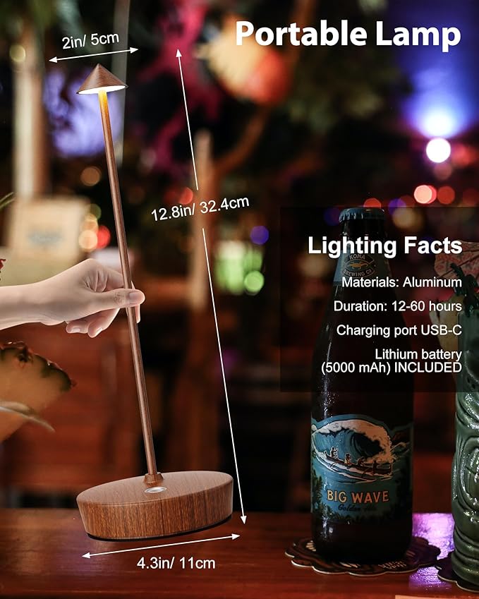 Cordless Table Lamps Rechargeable, 6000mAh Battery Operated LED Desk Lamp Outdoor Waterproof Portable Touch Dimmable Table Night Light for Patio Restaurant Dining Home Set of 2 Wood Grain