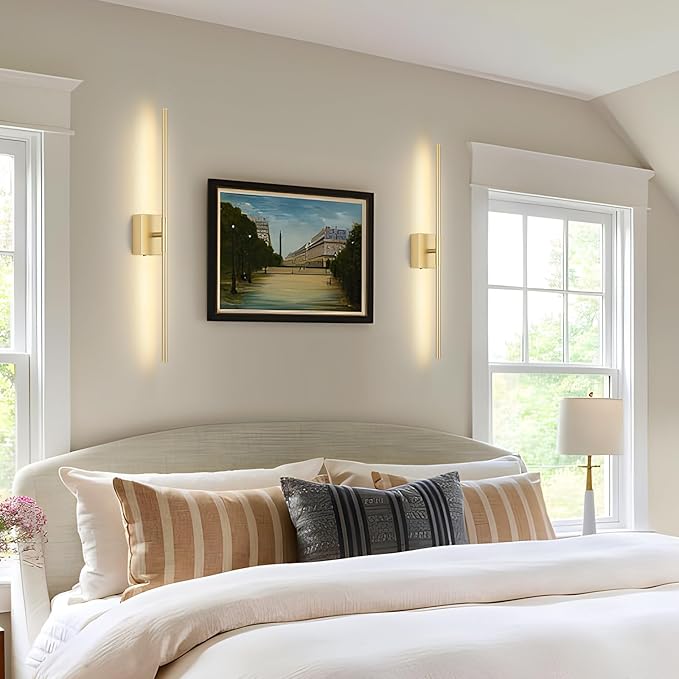 Battery Operated Wall Sconce Set of Two with Remote Control, 3000K-6000K Dimmable Gold Wall Lights, Timable LED Wireless Wall Sconces, 350° Ratate for Bathroom, Living Room, Hallway 29.1 Inch