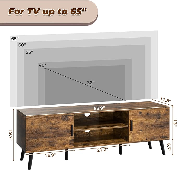 SUPERJARE TV Stand for 55 Inch TV, Entertainment Center with Adjustable Shelf, 2 Cabinets, TV Console Table, Media Console, Solid Wood Feet, Cord Holes, for Living Room, Bedroom, Rustic Brown