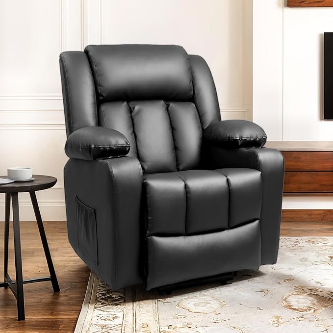 FLEXISPOT XL31 Power Lift Recliner Chair for Elderly, Electric Lift Chair with Massage & Heat, PU Leather Reclining Sofa w/Cup Holders, Side Pockets for Living Room Bedroom(Medium Size,Black)
