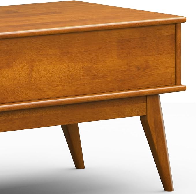 SIMPLIHOME Draper Lift Top Coffee Table - 48 inch Wide Solid Hardwood Mid-Century Modern Cocktail Table in Teak Brown, Functional Living Room Table with Storage Compartment, Open Shelf and Angled Legs