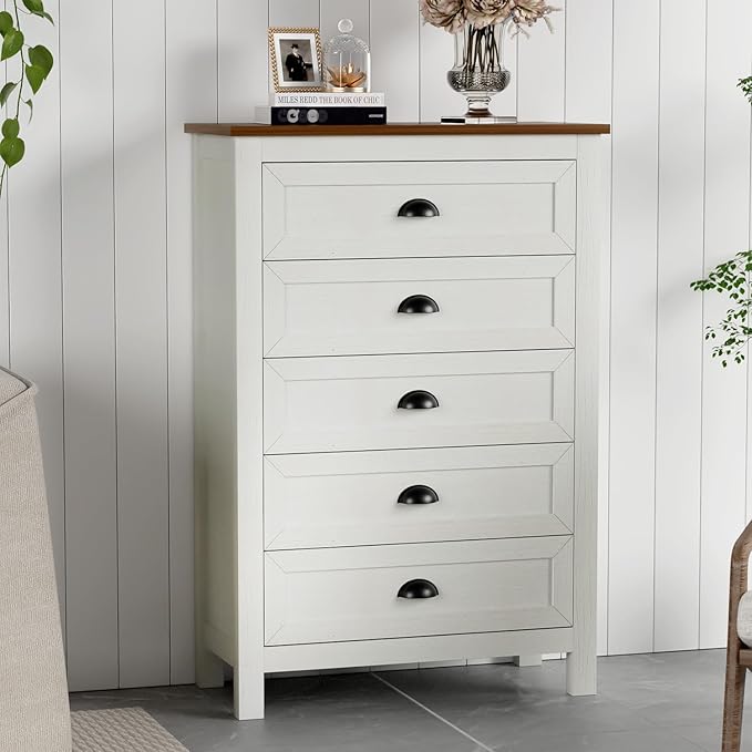 Farmhouse 5 Drawer Dresser for Bedroom, 47" Tall Dresser with Rustic Wood Top, Modern Chest of Drawers Organizer for Bedroom, Closet, Living Room, Entryway, Hallway