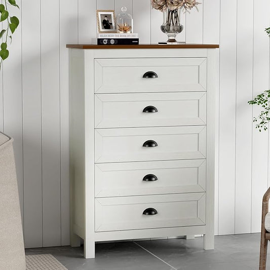 Farmhouse 5 Drawer Dresser for Bedroom, 47" Tall Dresser with Rustic Wood Top, Modern Chest of Drawers Organizer for Bedroom, Closet, Living Room, Entryway, Hallway
