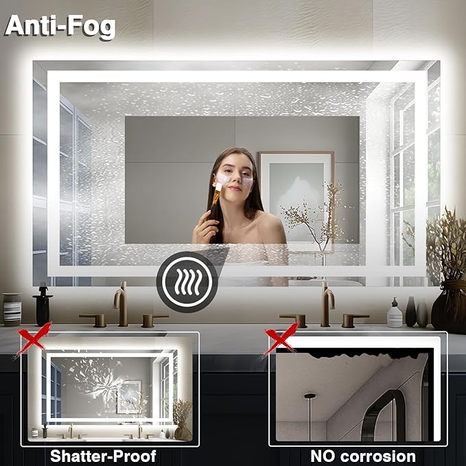 55"x30" LED Bathroom Mirrors for Wall, Front and Backlit Mirror, Anti-Fog Vanity Mirror with Lights, Stepless Dimmable Lighted Mirror, 3 Colors Smart Mirror (Horizontal/Vertical)