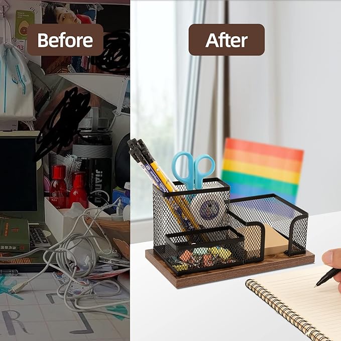 Antique Wood & Mesh Pen Holder Office Supplies Caddy, Storage Baskets for Desktop Accessorieswith Sticky Notes Holder,3 Compartments(2 Pack Black)