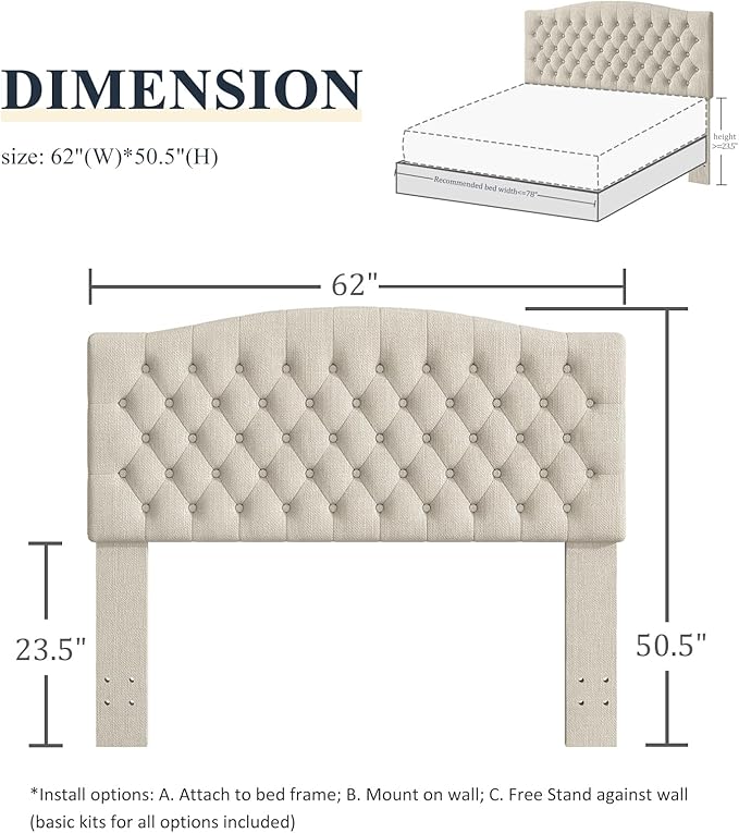 Queen Headboard Only, Upholstered Headboard Queen for Adjustable Bed Linen Tufted Queen/Full Size Wall Mounted Head Board with Solid Wood Legs Head Board, Ivory