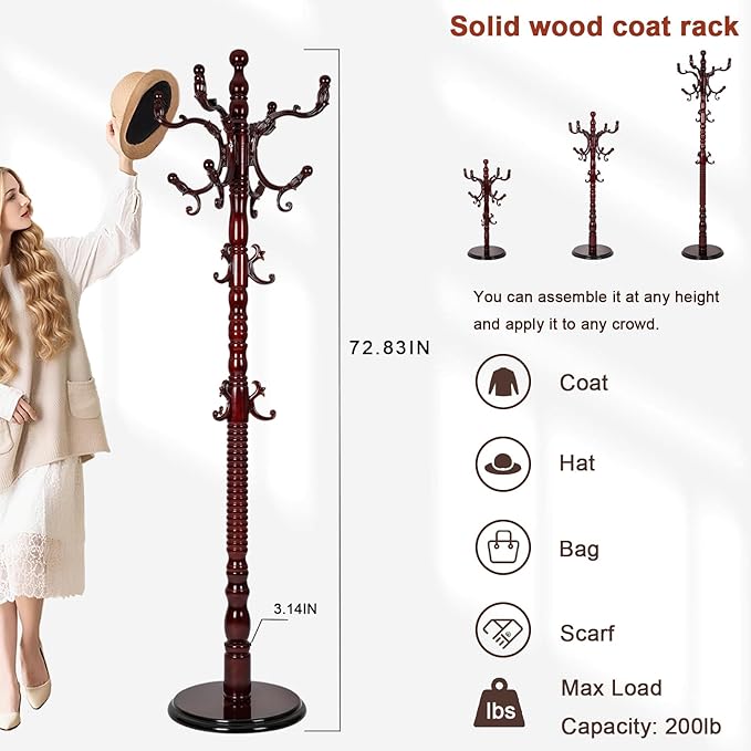 Coat Racks Freestanding, Natural Wood Coat Stands with 14 Hooks, 73" Heavy Duty Adjustable Height Vintage Hall Tree for Entryway, Bedroom, Office, Easy Assembly (Rosewood)