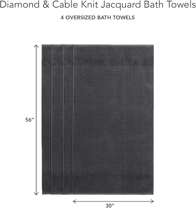 Texere 100% Organic Cotton Diamond Jacquard 700 GSM Luxury Bath Towel Sets - Ultra Soft and Absorbent Hotel and Spa Quality (Diamond, Black, 4 Bath Towels)